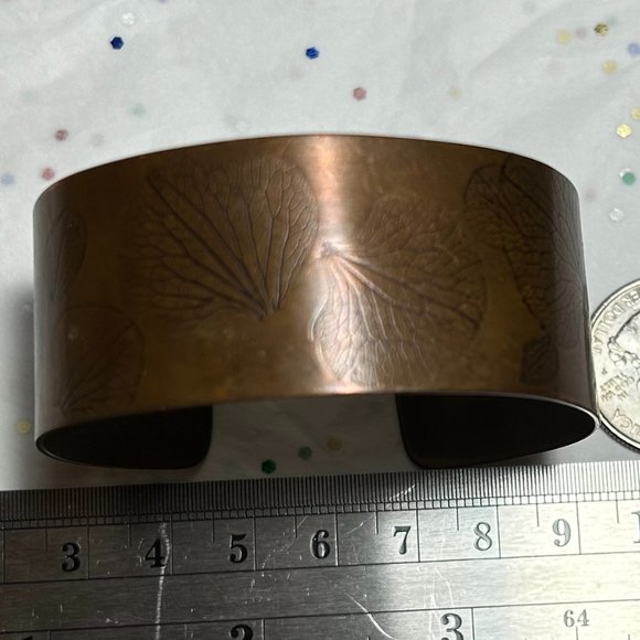 Jewelry - Vintage Solid Copper Art Studio Leaf Botanical Imprint Wide Cuff Bracelet